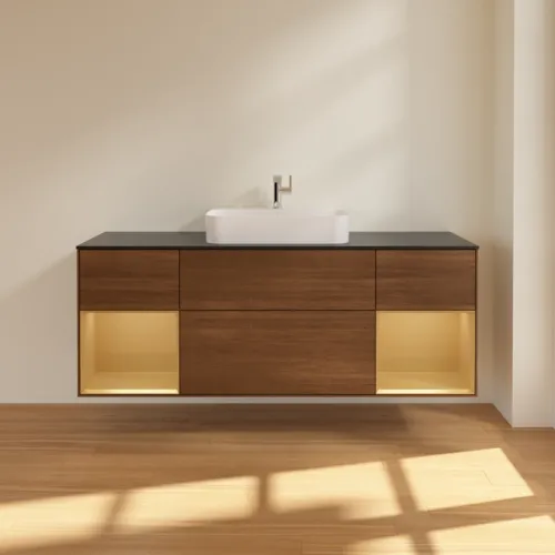 Bild von VILLEROY BOCH Finion Waschbeckenunterschrank, mit Beleuchtung, 4 Auszüge, 1600 x 603 x 501 mm, Walnut Veneer / Gold Matt Lacquer / Glass Black Matt #F452HFGN