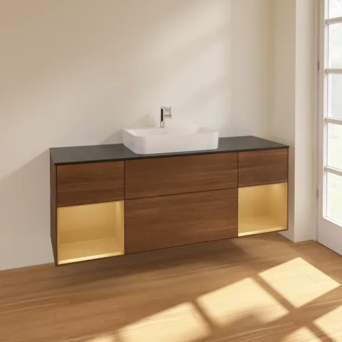 Bild von VILLEROY BOCH Finion Waschbeckenunterschrank, mit Beleuchtung, 4 Auszüge, 1600 x 603 x 501 mm, Walnut Veneer / Gold Matt Lacquer / Glass Black Matt #F452HFGN