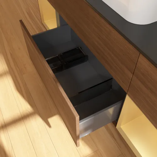 Bild von VILLEROY BOCH Finion Waschbeckenunterschrank, mit Beleuchtung, 4 Auszüge, 1600 x 603 x 501 mm, Walnut Veneer / Gold Matt Lacquer / Glass Black Matt #F452HFGN