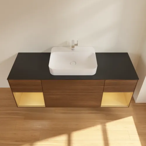 Bild von VILLEROY BOCH Finion Waschbeckenunterschrank, mit Beleuchtung, 4 Auszüge, 1600 x 603 x 501 mm, Walnut Veneer / Gold Matt Lacquer / Glass Black Matt #F452HFGN