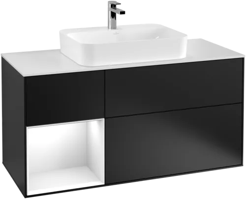 VILLEROY BOCH Finion Vanity unit, with lighting, 3 pull-out compartments, 1200 x 603 x 501 mm, Black Matt Lacquer / Glossy White Lacquer / Glass White Matt #F411GFPD resmi