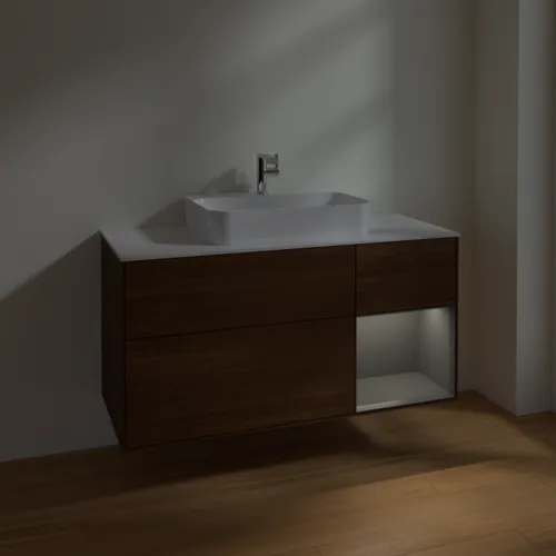 VILLEROY BOCH Finion Waschbeckenunterschrank, mit Beleuchtung, 3 Auszüge, 1200 x 603 x 501 mm, Walnut Veneer / Anthracite Matt Lacquer / Glass White Matt #F421GKGN, Bild 5