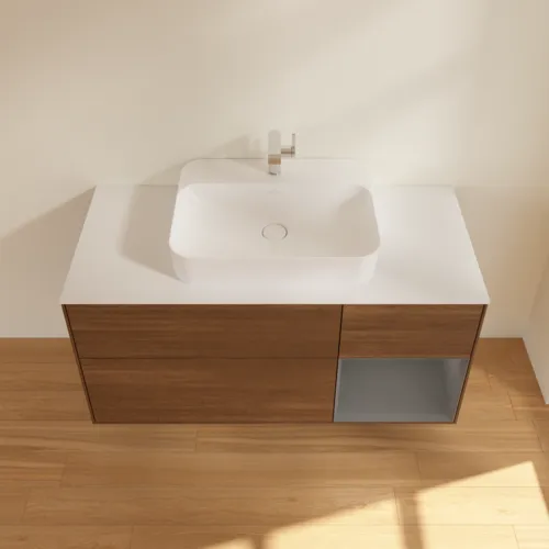 VILLEROY BOCH Finion Waschbeckenunterschrank, mit Beleuchtung, 3 Auszüge, 1200 x 603 x 501 mm, Walnut Veneer / Anthracite Matt Lacquer / Glass White Matt #F421GKGN, Bild 4