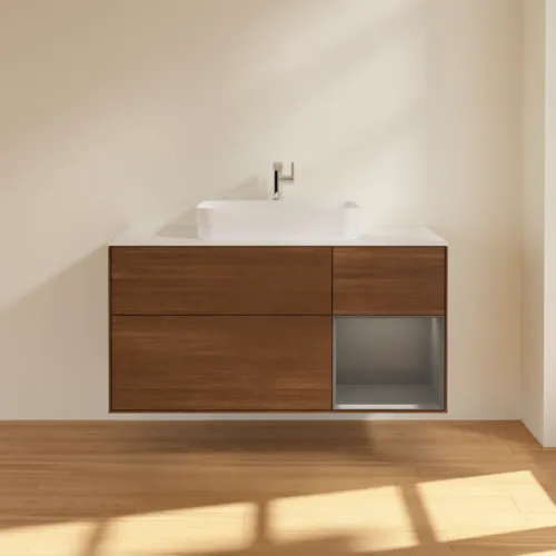 VILLEROY BOCH Finion Waschbeckenunterschrank, mit Beleuchtung, 3 Auszüge, 1200 x 603 x 501 mm, Walnut Veneer / Anthracite Matt Lacquer / Glass White Matt #F421GKGN, Bild 3