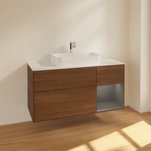 VILLEROY BOCH Finion Waschbeckenunterschrank, mit Beleuchtung, 3 Auszüge, 1200 x 603 x 501 mm, Walnut Veneer / Anthracite Matt Lacquer / Glass White Matt #F421GKGN, Bild 2