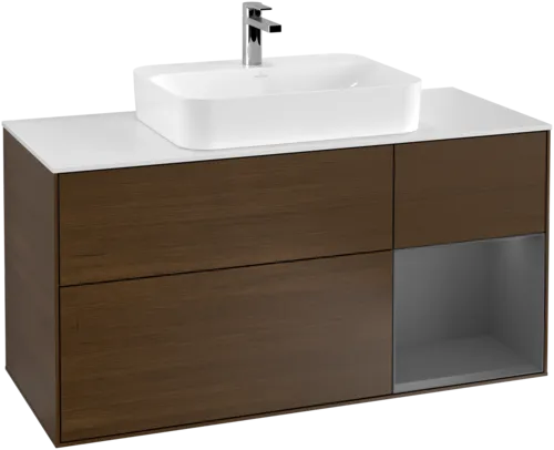 VILLEROY BOCH Finion Vanity unit, with lighting, 3 pull-out compartments, 1200 x 603 x 501 mm, Walnut Veneer / Anthracite Matt Lacquer / Glass White Matt #F421GKGN resmi