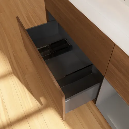 VILLEROY BOCH Finion Waschbeckenunterschrank, mit Beleuchtung, 3 Auszüge, 1200 x 603 x 501 mm, Walnut Veneer / Anthracite Matt Lacquer / Glass White Matt #F421GKGN, Bild 7