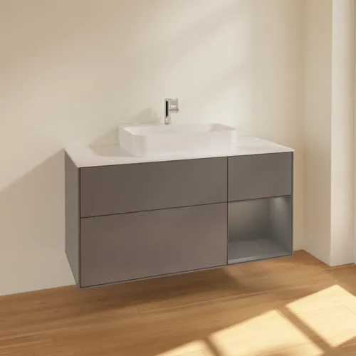 Bild von VILLEROY BOCH Finion Waschbeckenunterschrank, mit Beleuchtung, 3 Auszüge, 1200 x 603 x 501 mm, Anthracite Matt Lacquer / Anthracite Matt Lacquer / Glass White Matt #F421GKGK