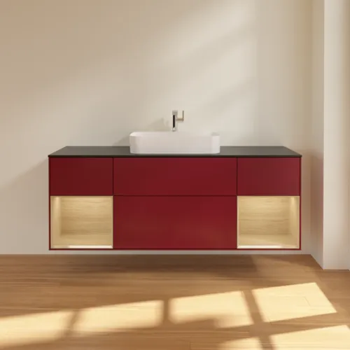 Bild von VILLEROY BOCH Finion Waschbeckenunterschrank, mit Beleuchtung, 4 Auszüge, 1600 x 603 x 501 mm, Peony Matt Lacquer / Oak Veneer / Glass Black Matt #F452PCHB