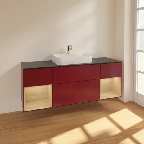 Bild von VILLEROY BOCH Finion Waschbeckenunterschrank, mit Beleuchtung, 4 Auszüge, 1600 x 603 x 501 mm, Peony Matt Lacquer / Oak Veneer / Glass Black Matt #F452PCHB