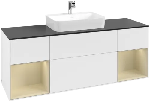 Picture of VILLEROY BOCH Finion Vanity unit, with lighting, 4 pull-out compartments, 1600 x 603 x 501 mm, White Matt Lacquer / Silk Grey Matt Lacquer / Glass Black Matt #F452HJMT