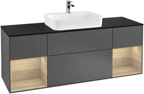 Picture of VILLEROY BOCH Finion Vanity unit, with lighting, 4 pull-out compartments, 1600 x 603 x 501 mm, Anthracite Matt Lacquer / Oak Veneer / Glass Black Matt #F452PCGK