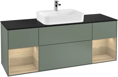 Picture of VILLEROY BOCH Finion Vanity unit, with lighting, 4 pull-out compartments, 1600 x 603 x 501 mm, Olive Matt Lacquer / Oak Veneer / Glass Black Matt #F452PCGM
