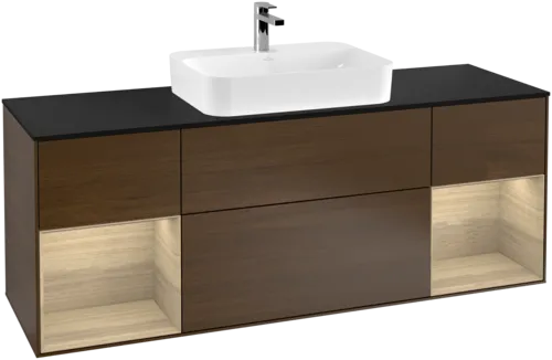 Picture of VILLEROY BOCH Finion Vanity unit, with lighting, 4 pull-out compartments, 1600 x 603 x 501 mm, Walnut Veneer / Oak Veneer / Glass Black Matt #F452PCGN