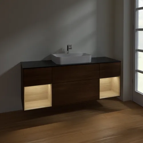 Bild von VILLEROY BOCH Finion Waschbeckenunterschrank, mit Beleuchtung, 4 Auszüge, 1600 x 603 x 501 mm, Walnut Veneer / Oak Veneer / Glass Black Matt #F452PCGN