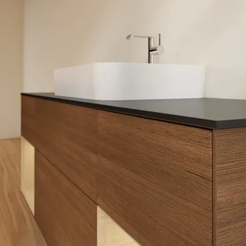 Bild von VILLEROY BOCH Finion Waschbeckenunterschrank, mit Beleuchtung, 4 Auszüge, 1600 x 603 x 501 mm, Walnut Veneer / Oak Veneer / Glass Black Matt #F452PCGN