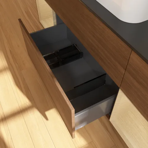 Bild von VILLEROY BOCH Finion Waschbeckenunterschrank, mit Beleuchtung, 4 Auszüge, 1600 x 603 x 501 mm, Walnut Veneer / Oak Veneer / Glass Black Matt #F452PCGN