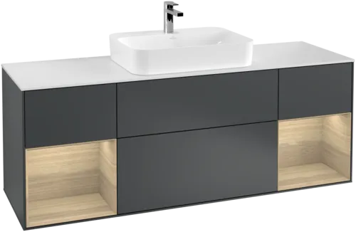 Picture of VILLEROY BOCH Finion Vanity unit, with lighting, 4 pull-out compartments, 1600 x 603 x 501 mm, Midnight Blue Matt Lacquer / Oak Veneer / Glass White Matt #F451PCHG