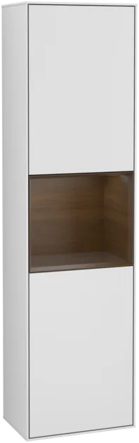 Picture of VILLEROY BOCH Finion Tall cabinet, with lighting, 2 doors, 418 x 1516 x 270 mm, White Matt Lacquer / Walnut Veneer #F470GNMT