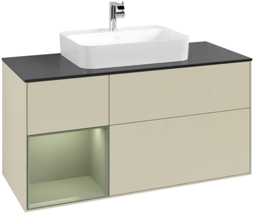 Obrázek VILLEROY BOCH Toaletní skříňka Finion, s osvětlením, 3 výsuvy, 1200 x 603 x 501 mm, hedvábně šedý matný lak / olivový matný lak / černé matné sklo #F412GMHJ