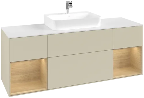 Picture of VILLEROY BOCH Finion Vanity unit, with lighting, 4 pull-out compartments, 1600 x 603 x 501 mm, Silk Grey Matt Lacquer / Oak Veneer / Glass White Matt #F451PCHJ