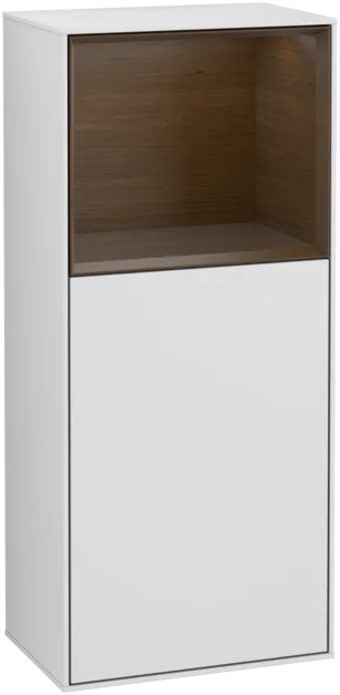 Picture of VILLEROY BOCH Finion Side cabinet, with lighting, 1 door, 418 x 936 x 270 mm, White Matt Lacquer / Walnut Veneer #F500GNMT