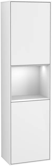 Picture of VILLEROY BOCH Finion Tall cabinet, with lighting, 2 doors, 418 x 1516 x 270 mm, Glossy White Lacquer / White Matt Lacquer #F470MTGF