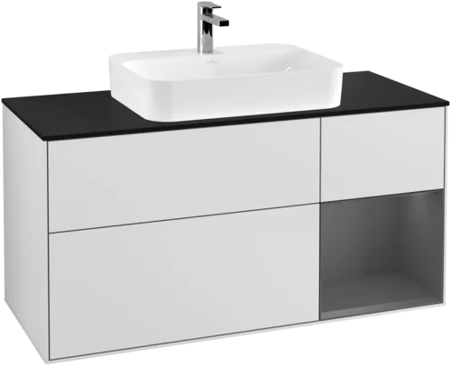 Obrázek VILLEROY BOCH Toaletní skříňka Finion, s osvětlením, 3 výsuvy, 1200 x 603 x 501 mm, bílý matný lak / antracitový matný lak / černé matné sklo #F422GKMT
