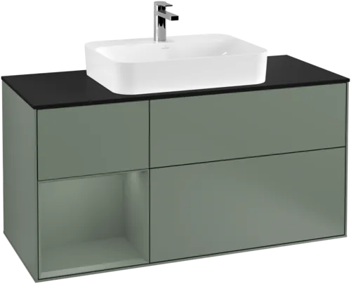 Obrázek VILLEROY BOCH Toaletní skříňka Finion, s osvětlením, 3 výsuvy, 1200 x 603 x 501 mm, olivově matný lak / olivově matný lak / sklo černé matné #F412GMGM