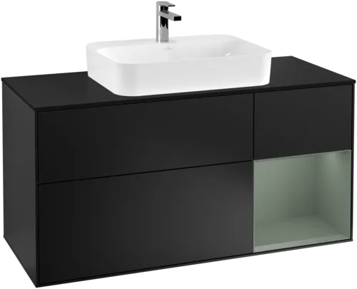 Obrázek VILLEROY BOCH Toaletní skříňka Finion, s osvětlením, 3 výsuvy, 1200 x 603 x 501 mm, černý matný lak / olivový matný lak / černé matné sklo #F422GMPD