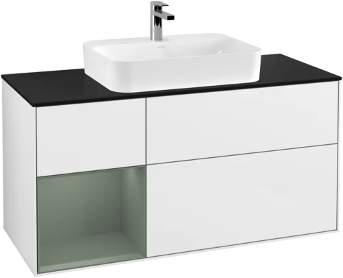 Obrázek VILLEROY BOCH Toaletní skříňka Finion, s osvětlením, 3 výsuvy, 1200 x 603 x 501 mm, lesklý bílý lak / olivově matný lak / černé matné sklo #F412GMGF