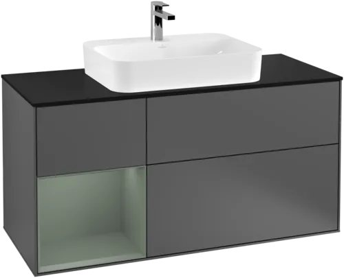 Obrázek VILLEROY BOCH Toaletní skříňka Finion, s osvětlením, 3 výsuvy, 1200 x 603 x 501 mm, antracitový matný lak / olivový matný lak / černé matné sklo #F412GMGK