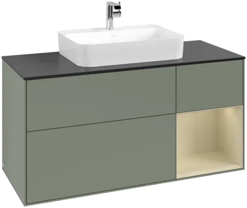 Picture of VILLEROY BOCH Finion Vanity unit, with lighting, 3 pull-out compartments, 1200 x 603 x 501 mm, Olive Matt Lacquer / Silk Grey Matt Lacquer / Glass Black Matt #F422HJGM