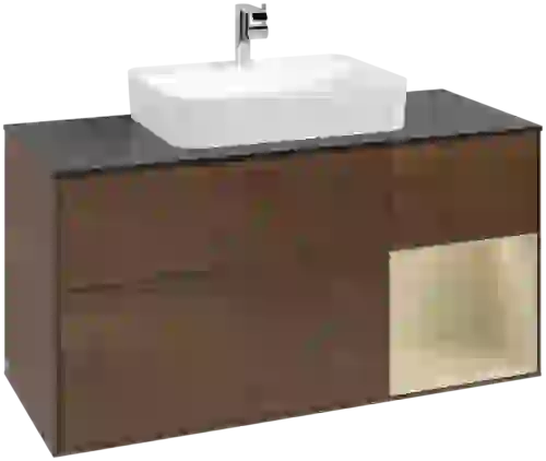 Picture of VILLEROY BOCH Finion Vanity unit, with lighting, 3 pull-out compartments, 1200 x 603 x 501 mm, Walnut Veneer / Silk Grey Matt Lacquer / Glass Black Matt #F422HJGN