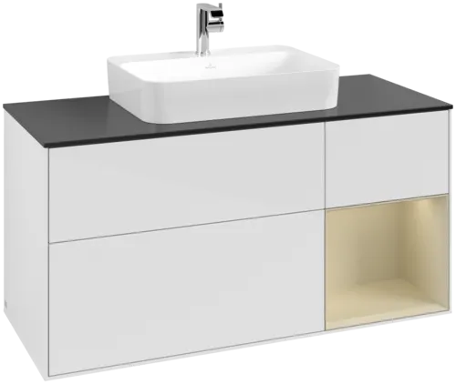 Picture of VILLEROY BOCH Finion Vanity unit, with lighting, 3 pull-out compartments, 1200 x 603 x 501 mm, Glossy White Lacquer / Silk Grey Matt Lacquer / Glass Black Matt #F422HJGF