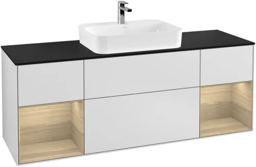 Picture of VILLEROY BOCH Finion Vanity unit, with lighting, 4 pull-out compartments, 1600 x 603 x 501 mm, White Matt Lacquer / Oak Veneer / Glass Black Matt #F452PCMT