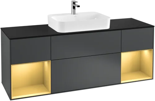 Picture of VILLEROY BOCH Finion Vanity unit, with lighting, 4 pull-out compartments, 1600 x 603 x 501 mm, Midnight Blue Matt Lacquer / Gold Matt Lacquer / Glass Black Matt #F452HFHG