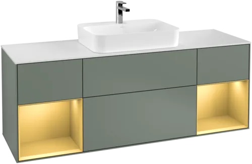 Picture of VILLEROY BOCH Finion Vanity unit, with lighting, 4 pull-out compartments, 1600 x 603 x 501 mm, Olive Matt Lacquer / Gold Matt Lacquer / Glass White Matt #F451HFGM