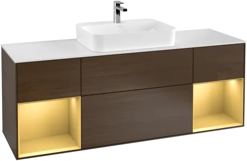 Picture of VILLEROY BOCH Finion Vanity unit, with lighting, 4 pull-out compartments, 1600 x 603 x 501 mm, Walnut Veneer / Gold Matt Lacquer / Glass White Matt #F451HFGN