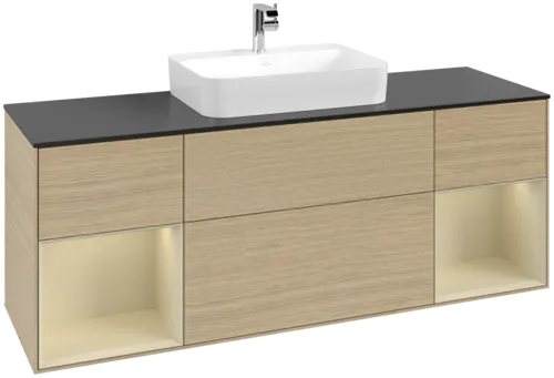 Picture of VILLEROY BOCH Finion Vanity unit, with lighting, 4 pull-out compartments, 1600 x 603 x 501 mm, Oak Veneer / Silk Grey Matt Lacquer / Glass Black Matt #F452HJPC