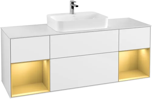 Picture of VILLEROY BOCH Finion Vanity unit, with lighting, 4 pull-out compartments, 1600 x 603 x 501 mm, Glossy White Lacquer / Gold Matt Lacquer / Glass White Matt #F451HFGF