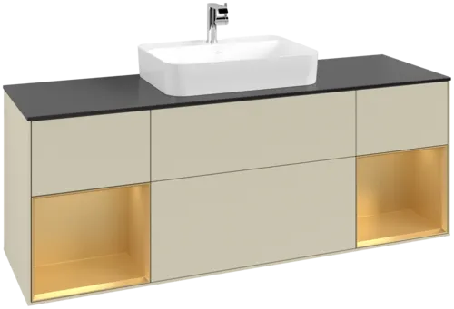 Picture of VILLEROY BOCH Finion Vanity unit, with lighting, 4 pull-out compartments, 1600 x 603 x 501 mm, Silk Grey Matt Lacquer / Gold Matt Lacquer / Glass Black Matt #F452HFHJ