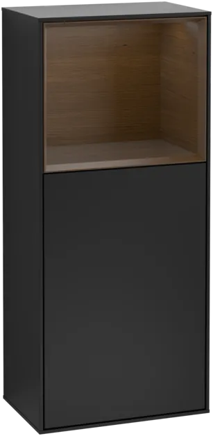 Picture of VILLEROY BOCH Finion Side cabinet, with lighting, 1 door, 418 x 936 x 270 mm, Black Matt Lacquer / Walnut Veneer #F500GNPD