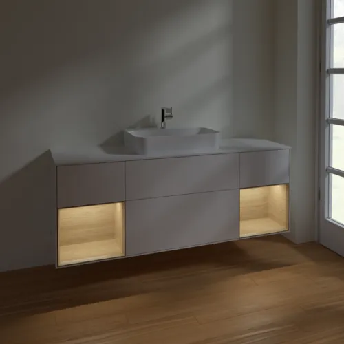 Bild von VILLEROY BOCH Finion Waschbeckenunterschrank, mit Beleuchtung, 4 Auszüge, 1600 x 603 x 501 mm, Glossy White Lacquer / Oak Veneer / Glass White Matt #F451PCGF