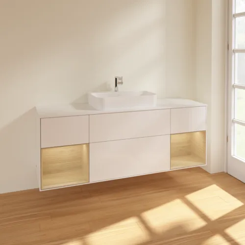 Bild von VILLEROY BOCH Finion Waschbeckenunterschrank, mit Beleuchtung, 4 Auszüge, 1600 x 603 x 501 mm, Glossy White Lacquer / Oak Veneer / Glass White Matt #F451PCGF