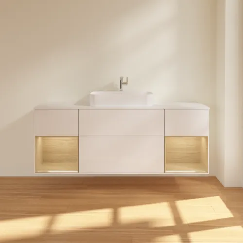 Bild von VILLEROY BOCH Finion Waschbeckenunterschrank, mit Beleuchtung, 4 Auszüge, 1600 x 603 x 501 mm, Glossy White Lacquer / Oak Veneer / Glass White Matt #F451PCGF