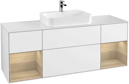 Picture of VILLEROY BOCH Finion Vanity unit, with lighting, 4 pull-out compartments, 1600 x 603 x 501 mm, Glossy White Lacquer / Oak Veneer / Glass White Matt #F451PCGF