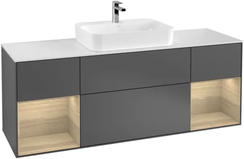 Picture of VILLEROY BOCH Finion Vanity unit, with lighting, 4 pull-out compartments, 1600 x 603 x 501 mm, Anthracite Matt Lacquer / Oak Veneer / Glass White Matt #F451PCGK