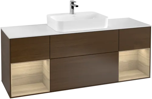 Picture of VILLEROY BOCH Finion Vanity unit, with lighting, 4 pull-out compartments, 1600 x 603 x 501 mm, Walnut Veneer / Oak Veneer / Glass White Matt #F451PCGN