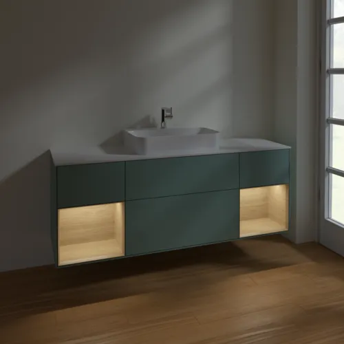 Bild von VILLEROY BOCH Finion Waschbeckenunterschrank, mit Beleuchtung, 4 Auszüge, 1600 x 603 x 501 mm, Olive Matt Lacquer / Oak Veneer / Glass White Matt #F451PCGM